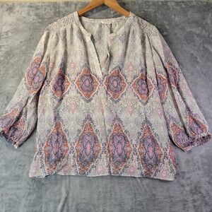 Club Monaco Women XS Silk Boho Paisley Peasant Blouse Quiet Luxury Vintage Chic